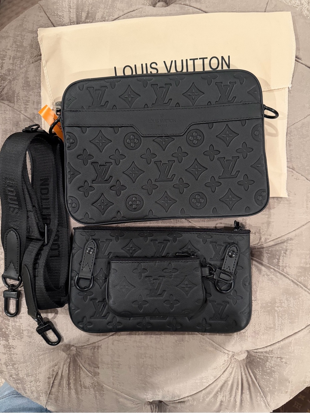 Louis Vuitton Black Embossed Monogram Messenger with Pouch
